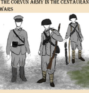 "The Corvun army in the Centauran Wars" by dinonamu. (Officer, Rifleman, Flametrooper)