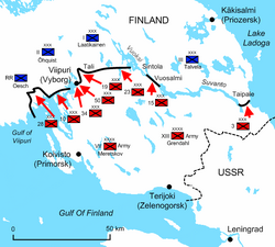 Diagram of the Karelian Isthmus illustrates the positions and offensives of the Soviet troops.