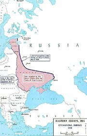 Map of Eastern Europe. A bold line shows the new border of Soviet Russia. The coloured portion indicates the area occupied by the Central Powers.