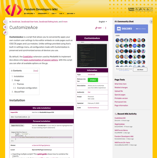 Documentation page for "CustomizeAce" script available at dev.fandom