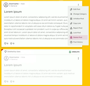 Beitrag löschen ist als Menüoption für alle Beiträge verfügbar. Der obere Beitrag in diesem Bild wurde bereits gelöscht.