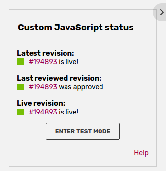 "Custom JavaScript status" box in the right rail of JS pages showing the status of code review - all green and approved!