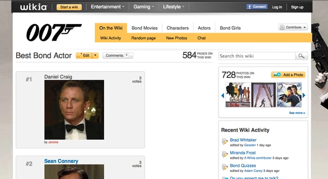 In anticipation of "Skyfall", our resident Bond fans added Top 10 Lists, Videos, and Quizes to the James Bond Wiki.