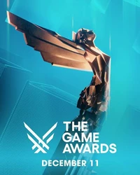 The Game Awards poster featuring a bronze winged trophy silhouette on a teal background.