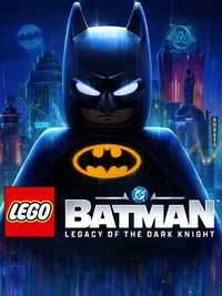 Key art for video game Lego Batman: Legacy of the Dark Knight, with a minifigure of Batman as seen in the game