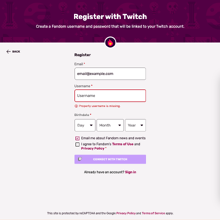 Fandom register screen by using an external provider (desktop).