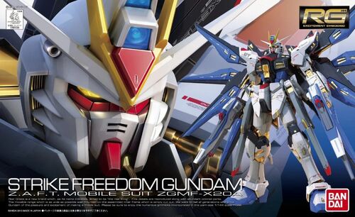 The "Strikefreedom Gundam", with a white body and armour, with 8 to 10 blue robotic blades attached to its back.