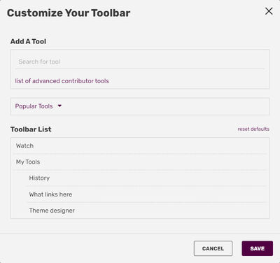 Toolbar customize dialog