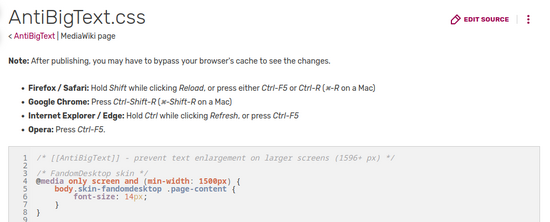 Top header and few first lines of code for "MediaWiki:AntiBigText