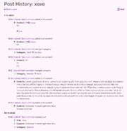 A screenshot of a "Post History" page, displaying the timeline of edits made to the post, separated by dates and times: from the original creation, to further edits and category changes.