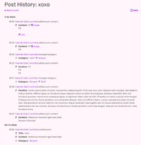 A screenshot of a "Post History" page, displaying the timeline of edits made to the post, separated by dates and times: from the original creation, to further edits and category changes.