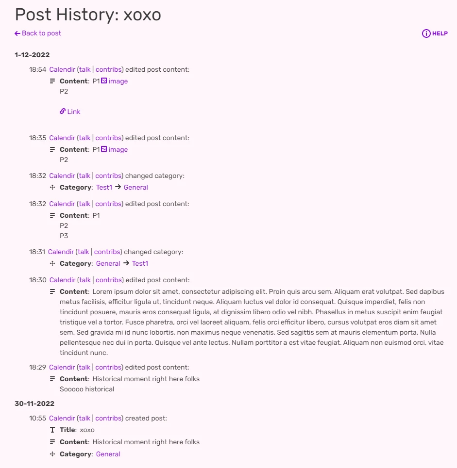 A screenshot of a "Post History" page, displaying the timeline of edits made to the post, separated by dates and times: from the original creation, to further edits and category changes.
