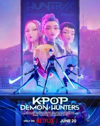 K-Pop Demon Hunters poster showing HUNTR/X with weapons on stage.