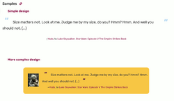 Samples of the Structured Quotes, showing a simple version with just the text and the author and a second version with the same content but a background, image and different style