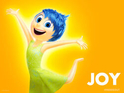 A promotional image of 'Joy' from 'Inside Out' on a yellow background