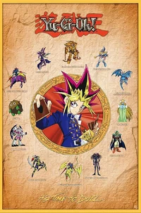 Yu-Gi-Oh poster featuring Yugi holding cards, surrounded by iconic monsters on a parchment background.