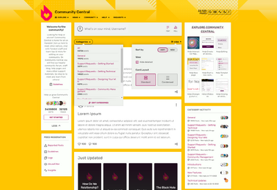 A screenshot of the main Discussions page, showing recent posts, a community description, post categories, as well as moderation-related links and options to switch post display.