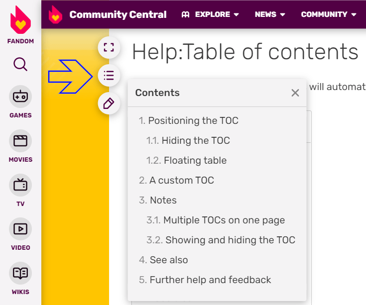 Sticky Table of Contents button