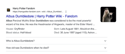 Le Quick Answers di Harry Potter Wiki appaiono su una pagina dei risultati del motore di ricerca di Google (Search Engine Results Page, SERP).