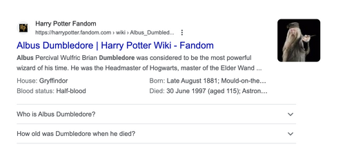 Harry Potter Wiki’s Quick Answers appearing on a Google Search Engine Results Page (SERP).