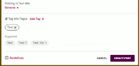 A screenshot of the post publishing process, displaying a tag being added and suggested tags under it.
