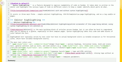 An screenshot of this page being edited, using syntax highlighting on its wikitext.