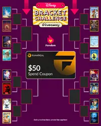 Disney Bracket Challenge graphic featuring classic Disney movie matchups and a $50 Fanatical giveaway prize.