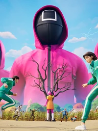Promotional art for video game Fortnite, displaying Squid Game characters in a game