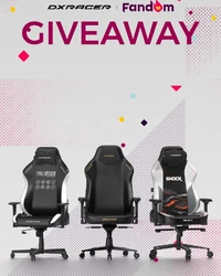 DXRacer and Fandom giveaway graphic featuring three branded gaming chairs on a light background.