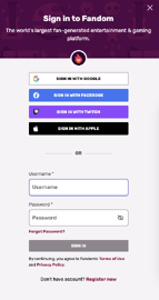 Fandom sign in screen for mobile devices.