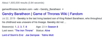 A search engine results page entry containing character information from Fandom