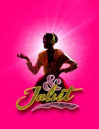 w:c:juliet-musical:& Juliet (92 KB) And Juliet poster with a woman listening to music with headphones, behind the show logo, on a pink background