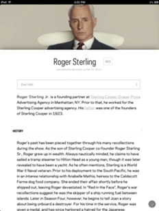 "Roger Sterling" on Mad Men Wiki after dismissing the article functions for an unobstructed reading experience.