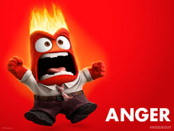 A promotional image of 'Anger' from 'Inside Out' on a red background