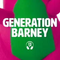 Generation Barney graphic featuring text title (in white) over Barney the Dinosaur’s belly.