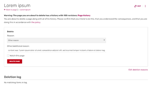 A screenshot of the page deletion process, displaying a notice and the drop-down options for reason.