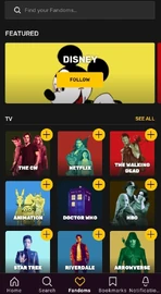 Dark mode Fandom app.jpg (181 KB) Widok fandomów w trybie ciemnym