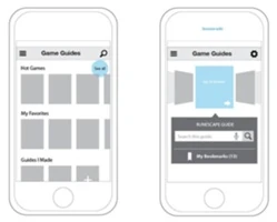 Left: the original home screen wireframe; Right: several iterations later
