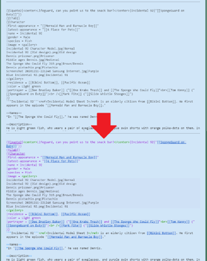 An image showing two blocks of wikitext, with and without syntax highlighting.