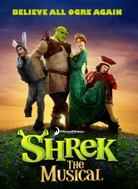 w:c:shrek:Shrek the Musical (2.67 MB) The Shrek the Musical poster Donkey, Shrek, Fiona, and King Farquaad standing on a grassy hill at sunset. The show logo is beneath them when text above reading "Believe all ogre again".