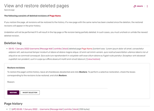 A screenshot of the "View and restore deleted pages" special page, including relevant information on page restoration, followed by an input box for the user to write a restoration reason, and buttons for the restoration to be made. This is followed by a checkbox list of page revisions to be selected for restoration.