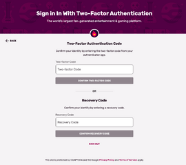 The sign in with Two-factor Authentication page, with the recovery codes enabled.