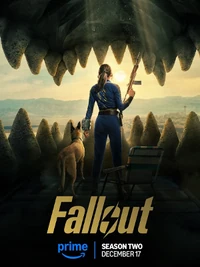 Promotional poster for season 2 of TV series Fallout, featuring a back shot of character Lucy MacLean alongside a dog, from within a creature's maw