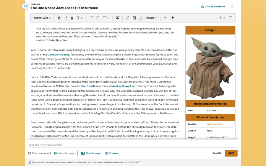 Un mockup dell'editor 2017 con le barre di navigazione globale e locale nascoste per ridurre le distrazioni per i nuovi utenti.