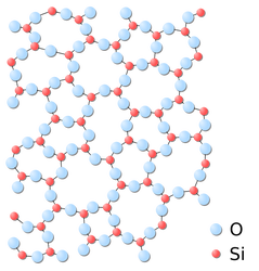 The amorphous structure of glassy Silica (SiO2) in two dimensions. No long range order is present, however there is local ordering with respect to the tetrahedral arrangement of Oxygen (O) atoms around the Silicon (Si) atoms.