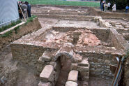 English: Excavated remains of the 'grand four' for firing samian ware at La Graufesenque, near Millau, France. 1st-2nd century AD. Photographed at La Graufesenque in May 1980.