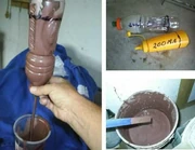 fluidómetro con capacidad de 500ml. y salida de un cuarto de pulgada,con una velocidad de vaciado igual 12 segundos cuando la barbotina tiene una densidad de 1.65. En otra foto se ve un fluidómetro hecho con un envase de mostaza con capacidad de 200ml. su salida de 3/16 y tiene una velocidad de 8 segundos cuando la barbotina tiene 1.68 de densidad. Una manera más simple de "medir" la fluidéz sin tanto aparato, si la barbotina tiene una densidad de 1.7, la regla de plástico se moja y se escurre por una de sus esquinas y deben caer 12 a 13 gotas seguidas