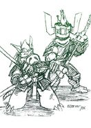 87. TEENAGE MUTANT NINJA TURTLES #8 Kevin Eastman's samurai style sketch of Cerebus and one of his Turtles was published in Teenage Mutant Ninja Turtles #8, 1986. Available with all editions.
