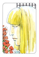 62. Jaka Tavers Niece of Palnu's Grandlord Julius Having survived on her own since she was twelve, Jaka waits in the arboretum of Iest's Regency Hotel to see an old friend who she hopes to surprise with an antique she purchased from a salvage merchant from Beduin, for her life savings, 100 crowns. Original art by Dave Sim, 2021 Free to all backers