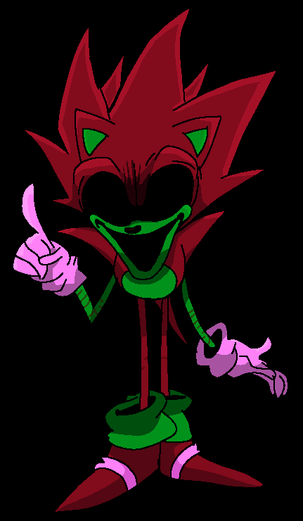 Dark sonic. hedgehog, black fur, no pupils, pointed eyes. red